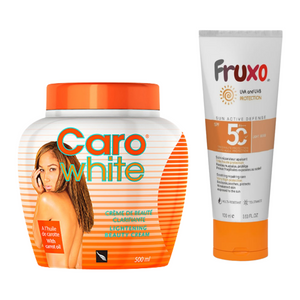 "¡Doble protección, doble belleza! Caro White + Escudo Solar Fruxo: Tu piel radiante y protegida."